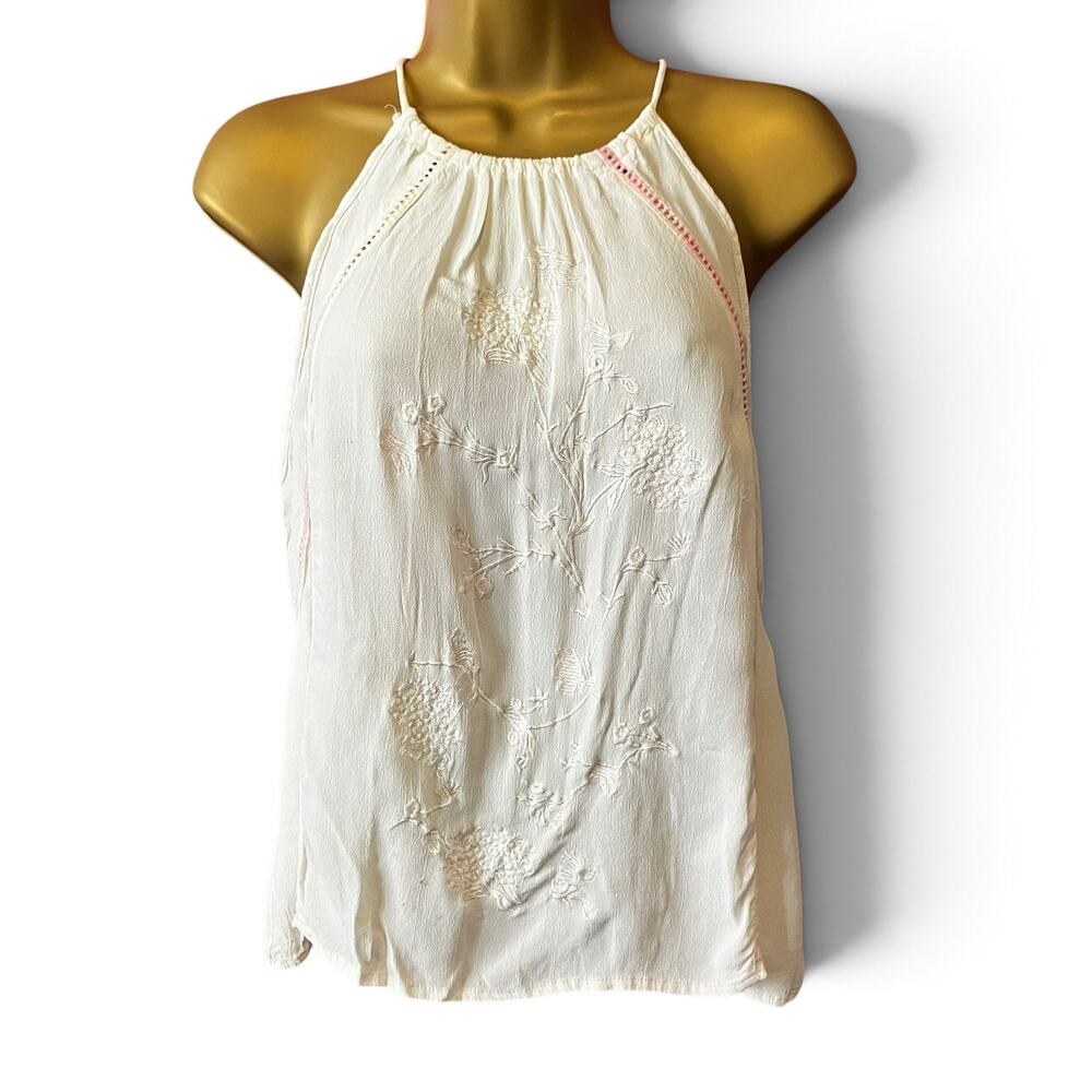 LA Hearts Women's Large Ivory Pink Embroidered Halter Top Boho Y2K Festival Tie